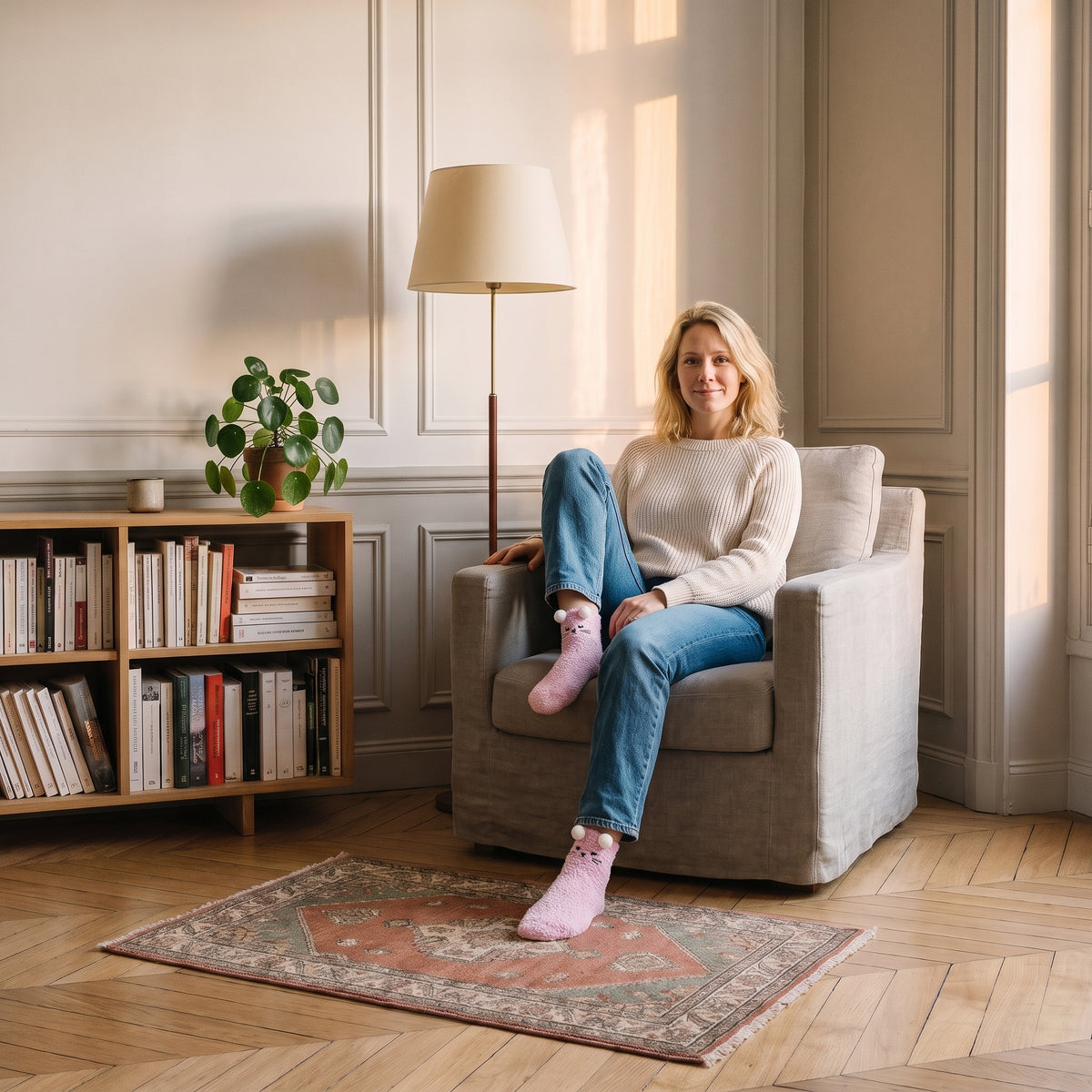 Chaussettes animaux portées assise dans un coin lecture