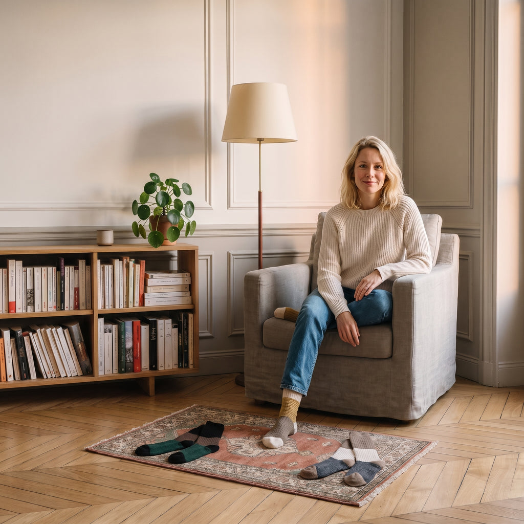 Chaussettes tricolores portées assise dans un coin lecture