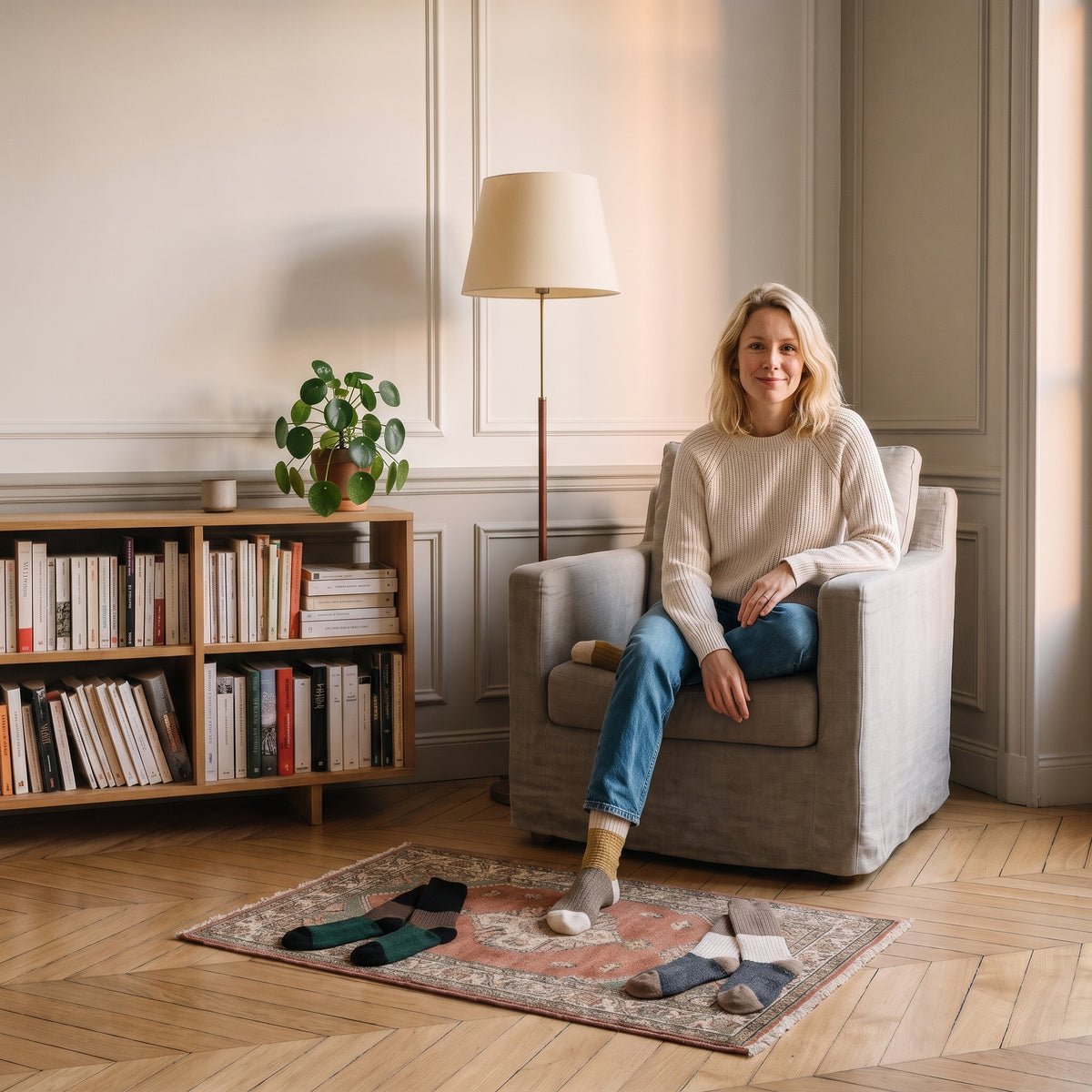 Chaussettes tricolores portées assise dans un coin lecture