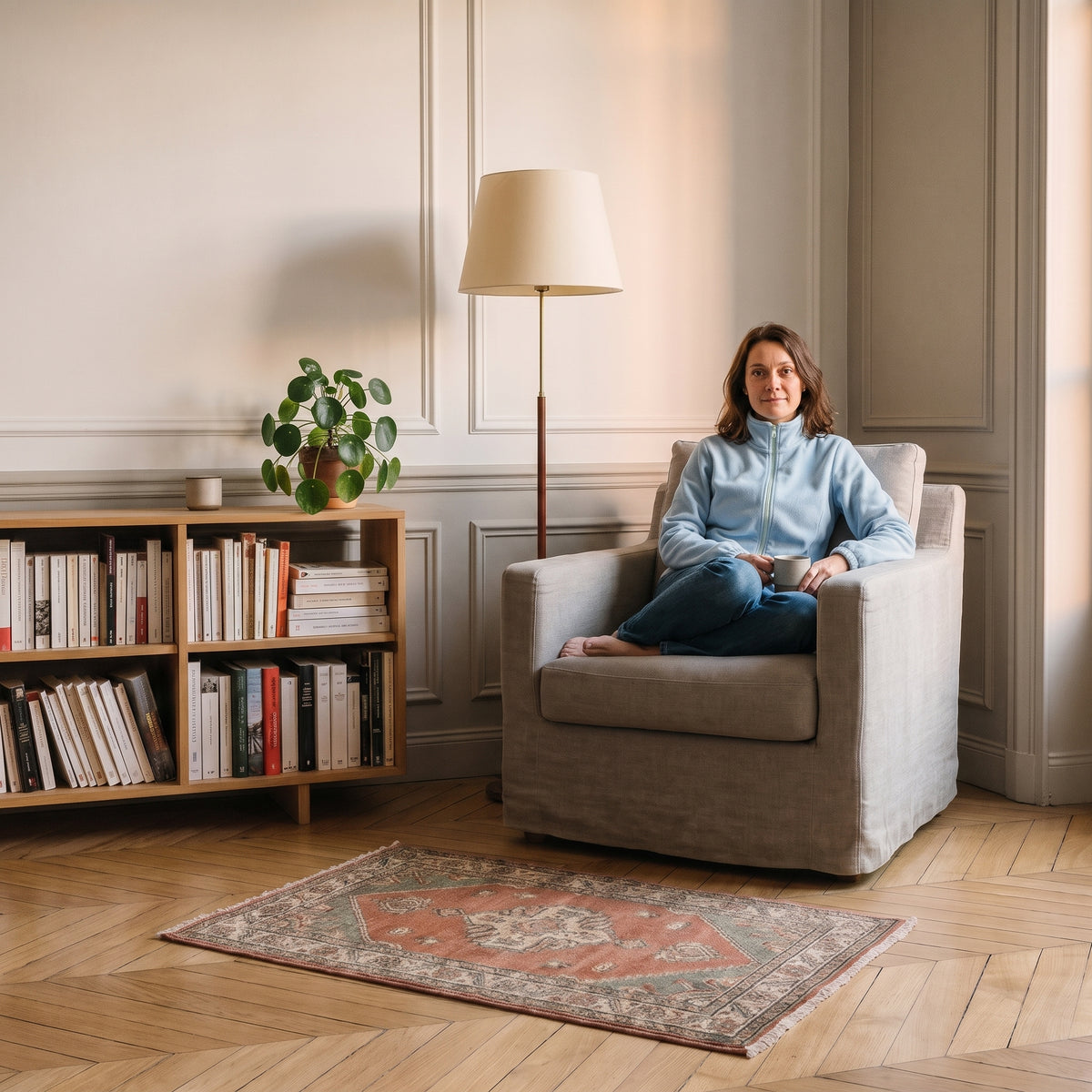 Veste polaire femme bleu ciel portée pendant une pause lecture