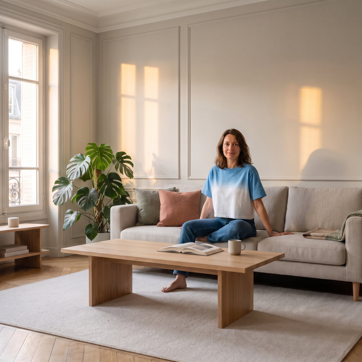 Crop-top bicolore bleu porté assise dans un salon