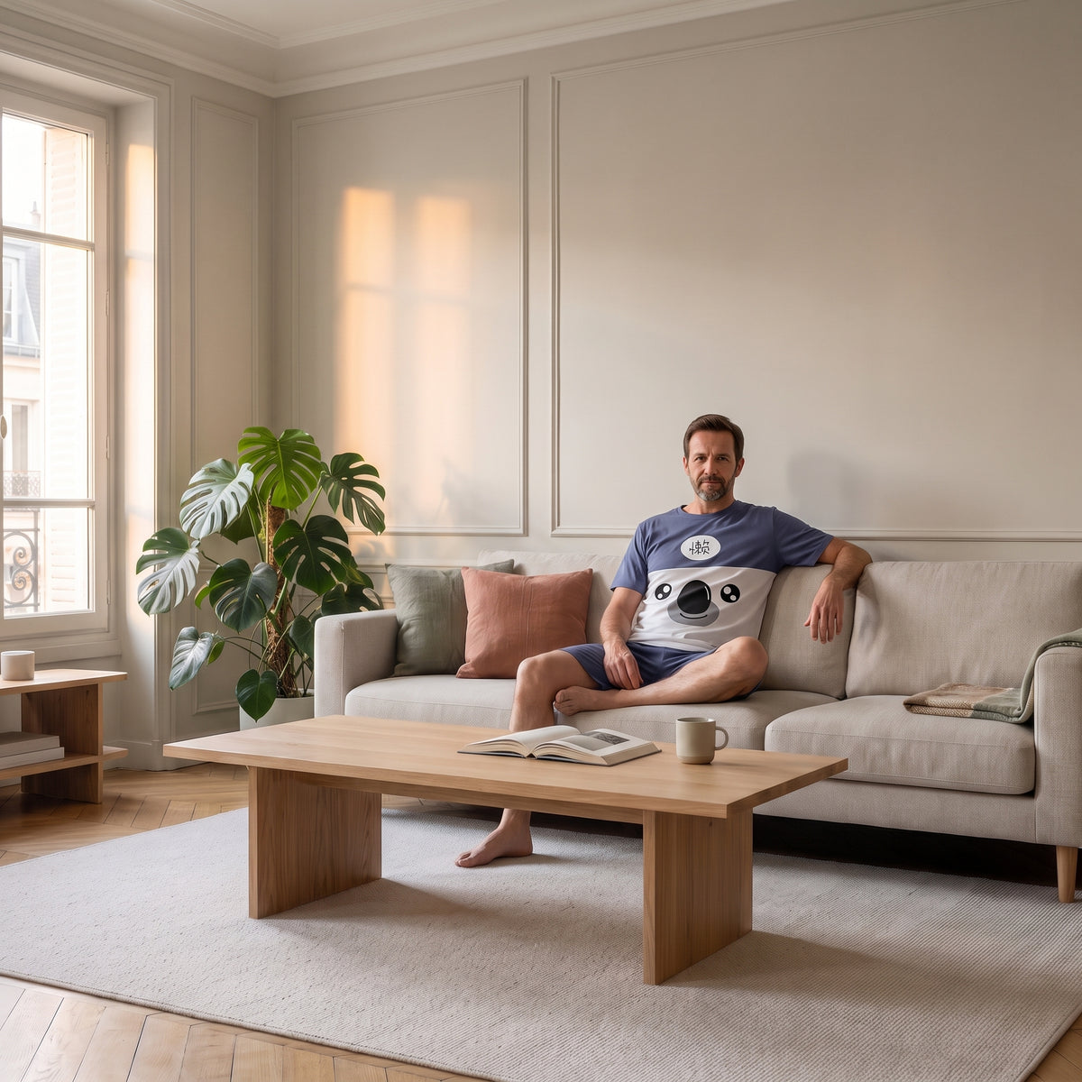Pyjama d'été homme à koala lors d'une soirée détendue au salon