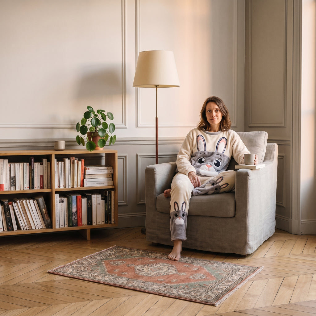 Femme assise dans le fauteuil de lecture en pyjama chaud lapin gris
