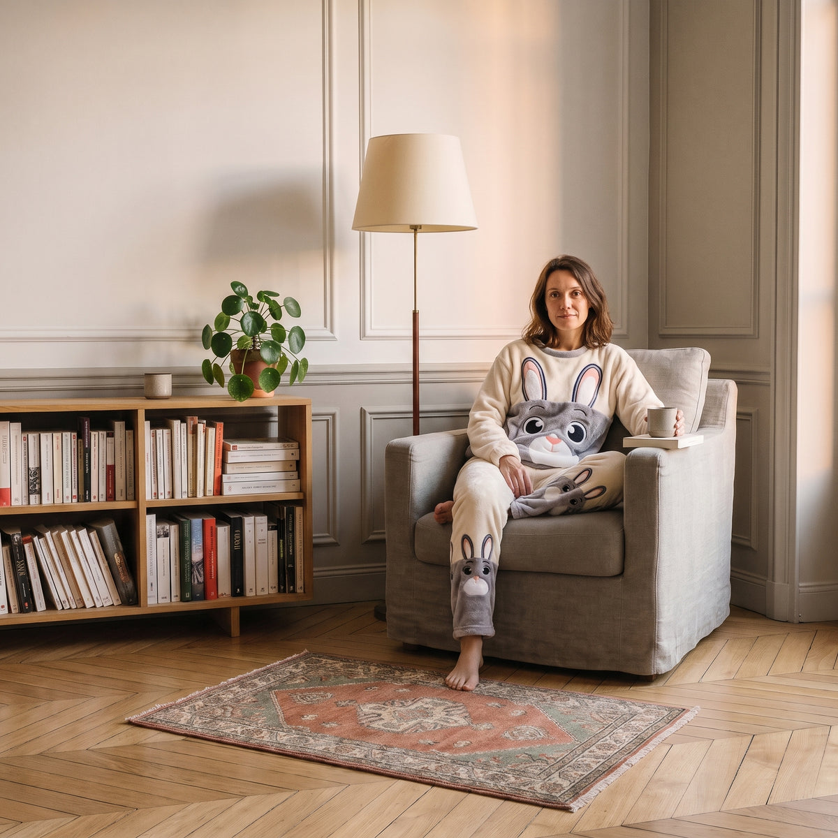 Femme assise dans le fauteuil de lecture en pyjama chaud lapin gris