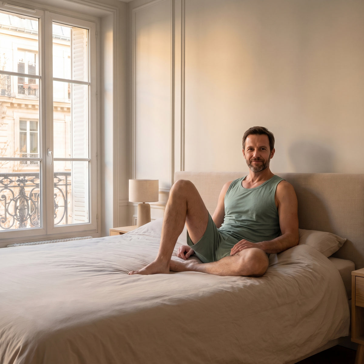 Pyjama d'été vert porté par un homme assis dans une chambre