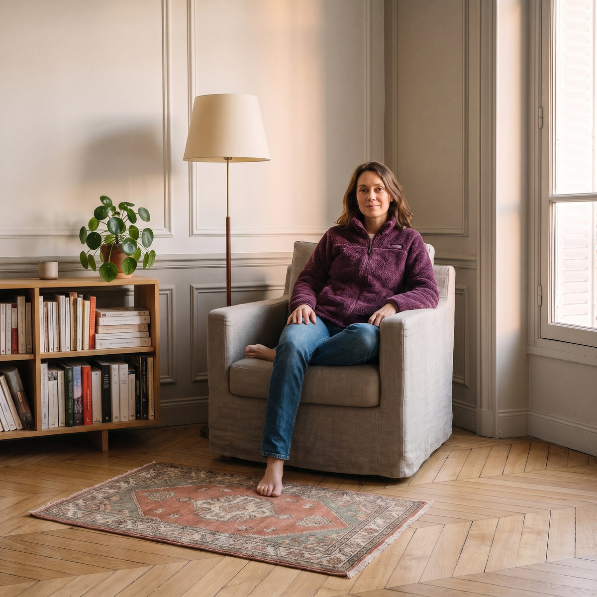 Veste polaire femme bordeaux portée dans un coin lecture