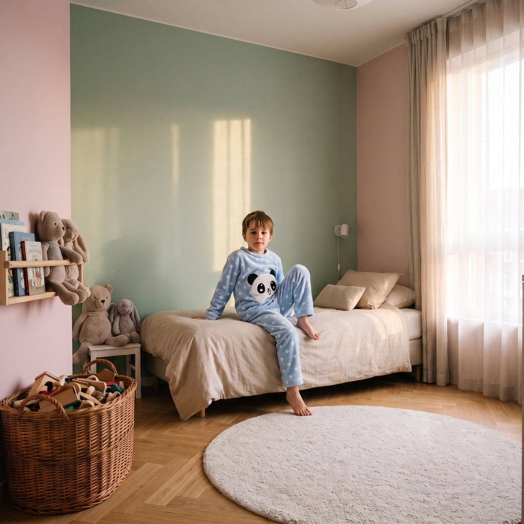 Enfant assis portant le pyjama en flanelle panda bleu
