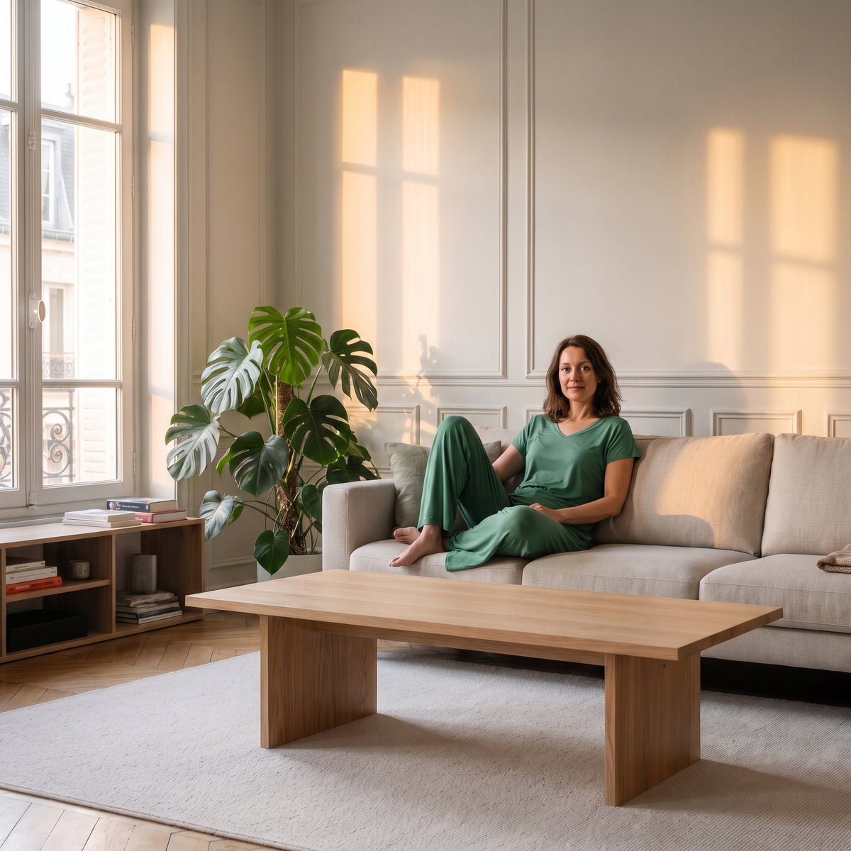 Femme assise dans le salon, en pyjama mi-saison vert