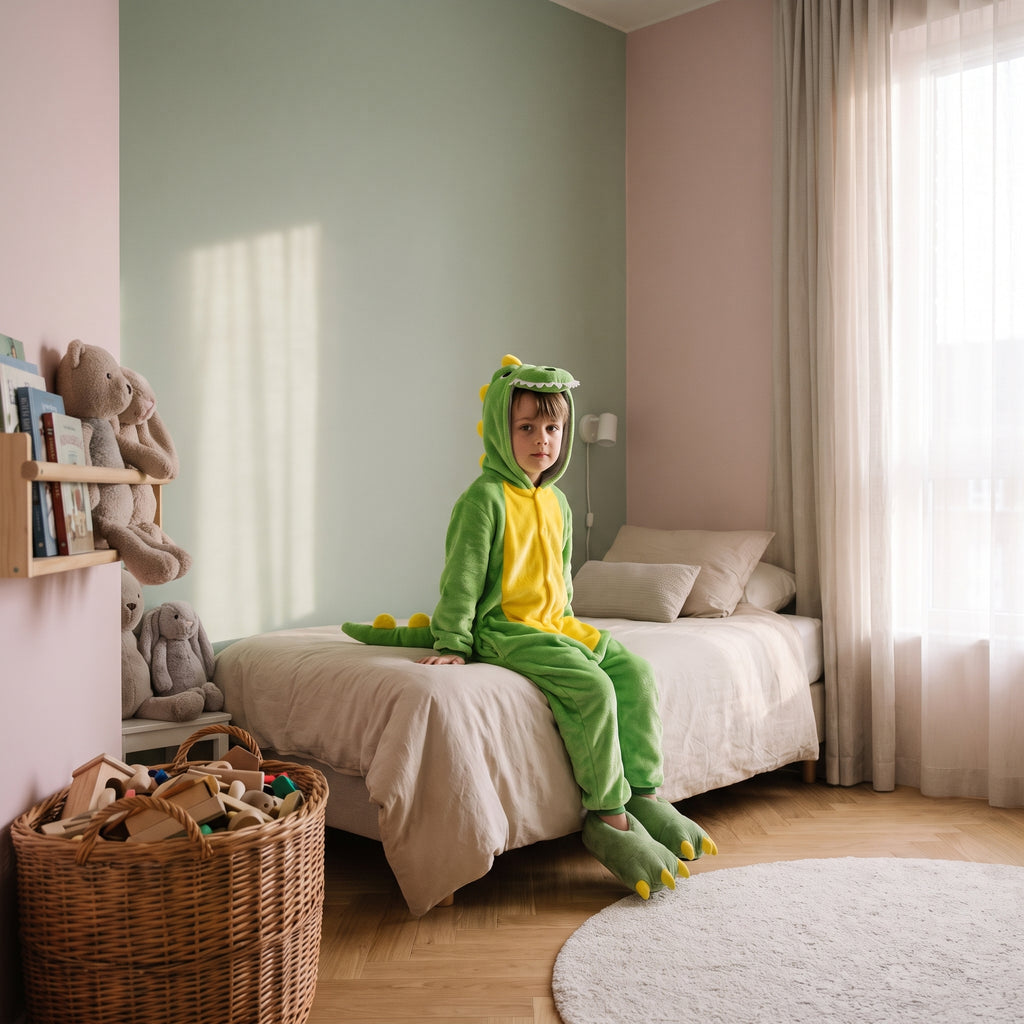 Enfant assis portant la combinaison pyjama dinosaure vert à capuche