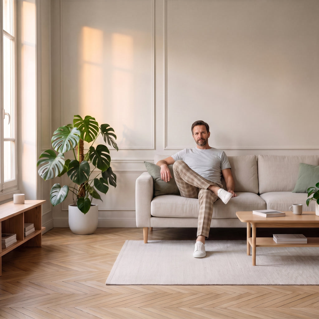 Pantalon à carreaux homme, coupe ajustée porté, assise