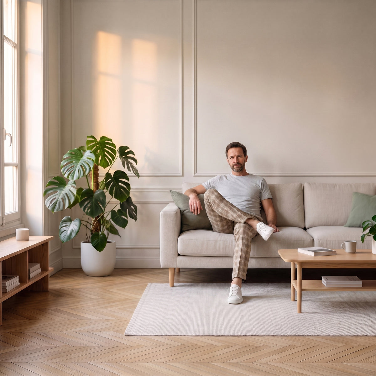 Pantalon à carreaux homme, coupe ajustée porté, assise