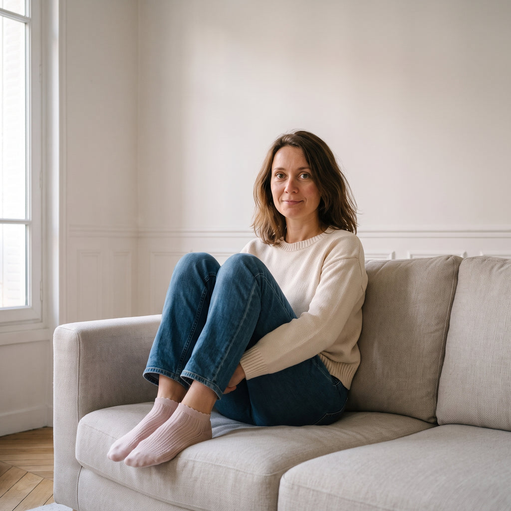 Femme assise sur son canapé, genoux repliés, en socquettes rose poudré