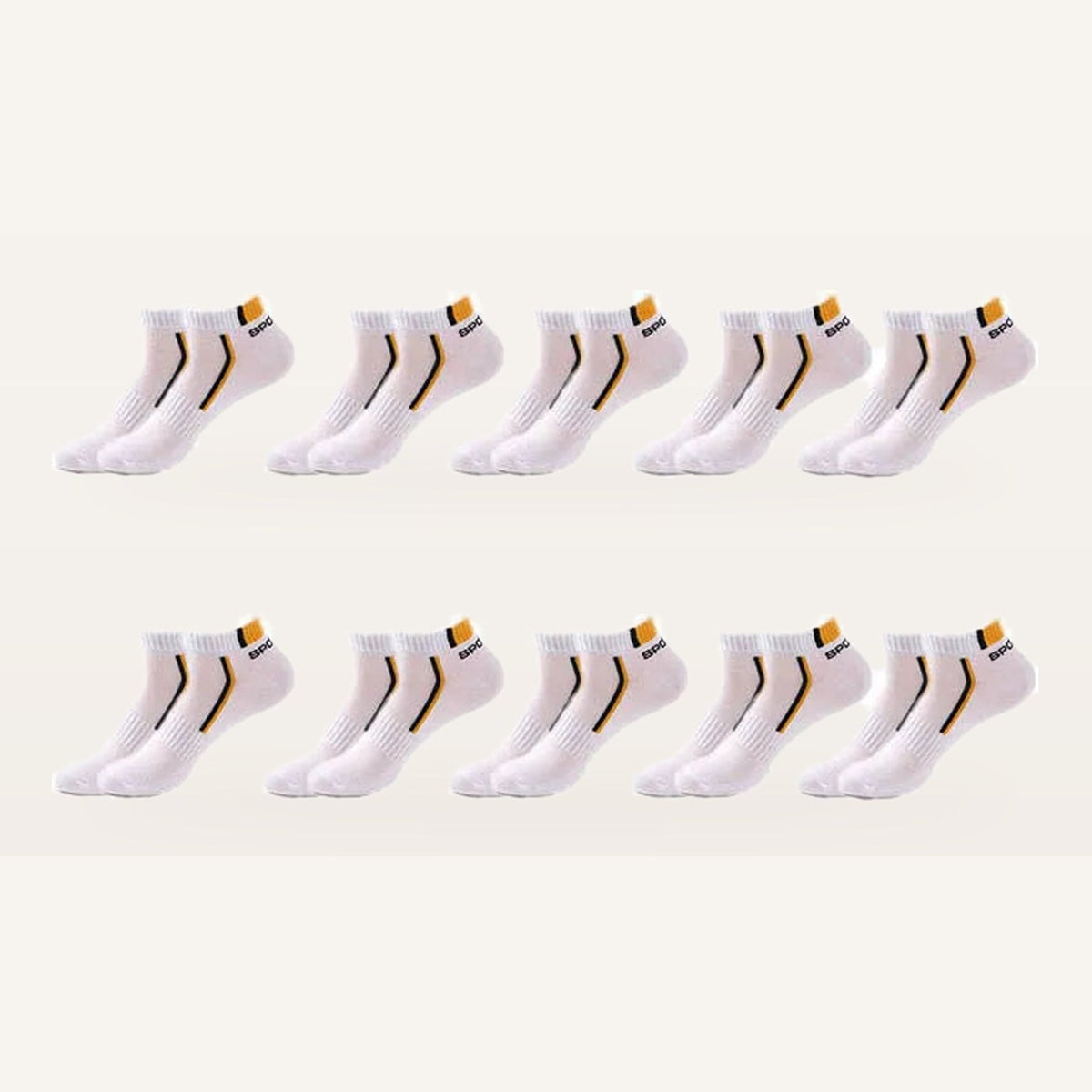 Lot de dix paires de socquettes de sport homme, blanc et jaune