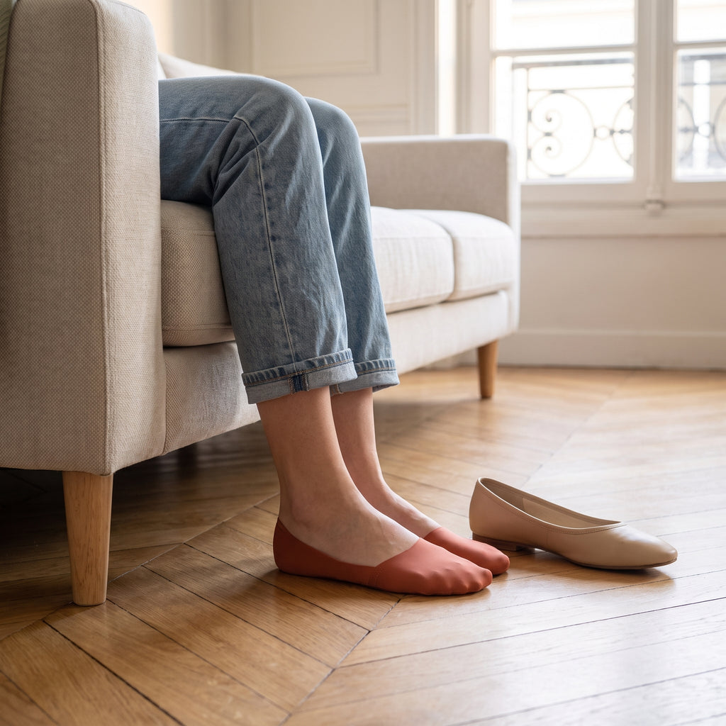 Pieds en socquettes invisibles rose brique sur un parquet, une ballerine beige posée à côté