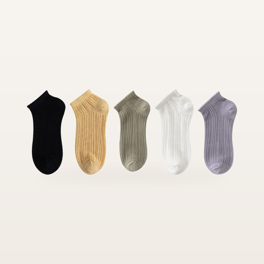 Assortiment de cinq paires de socquettes en maille ajourée : noir, moutarde, kaki, blanc et parme