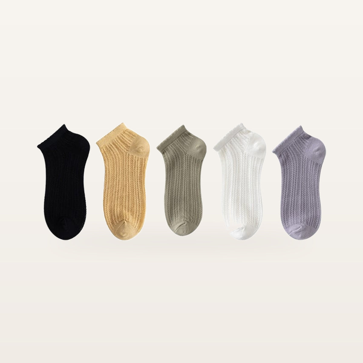 Assortiment de cinq paires de socquettes en maille ajourée : noir, moutarde, kaki, blanc et parme