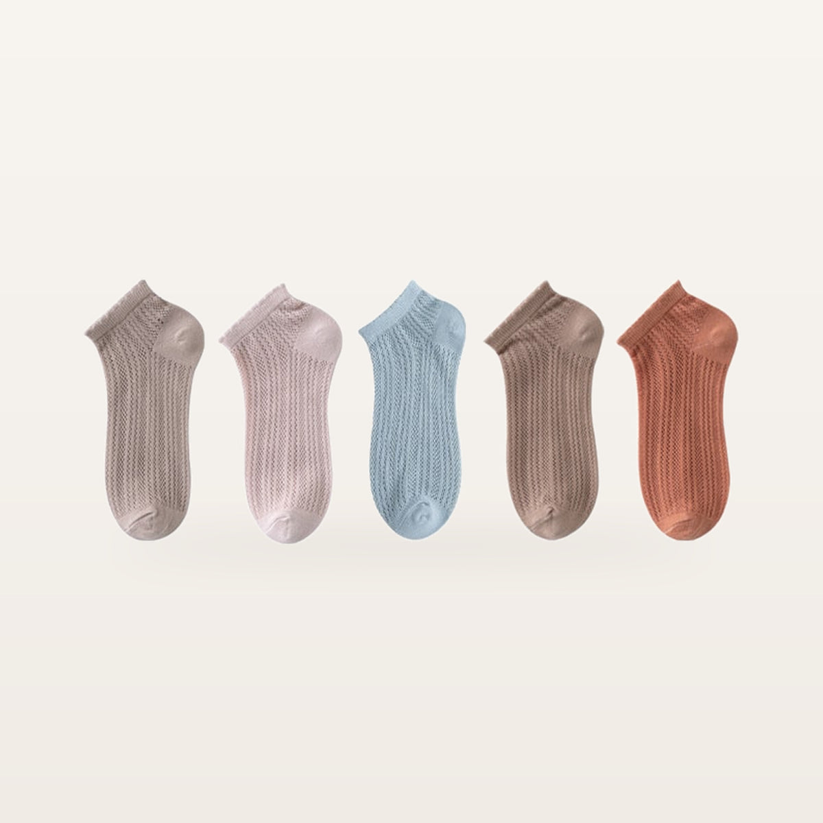 Assortiment de cinq paires de socquettes en maille ajourée : taupe, rose poudré, bleu ciel, brun et terracotta