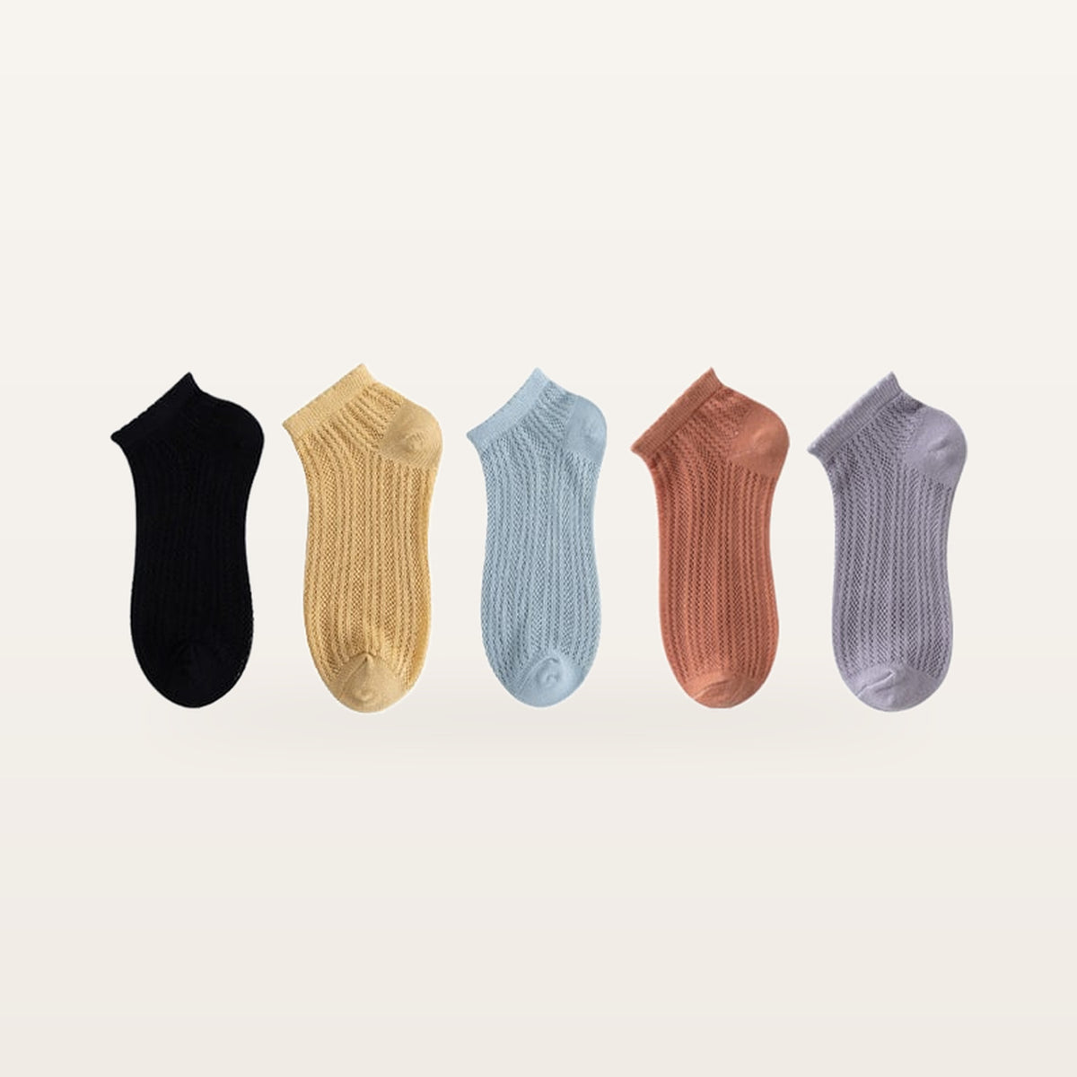 Assortiment de cinq paires de socquettes en maille ajourée : noir, moutarde, bleu ciel, terracotta et parme