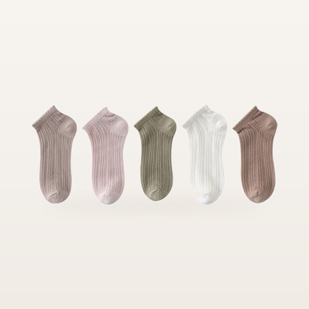 Assortiment de cinq paires de socquettes en maille ajourée : taupe, rose poudré, kaki, écru et brun