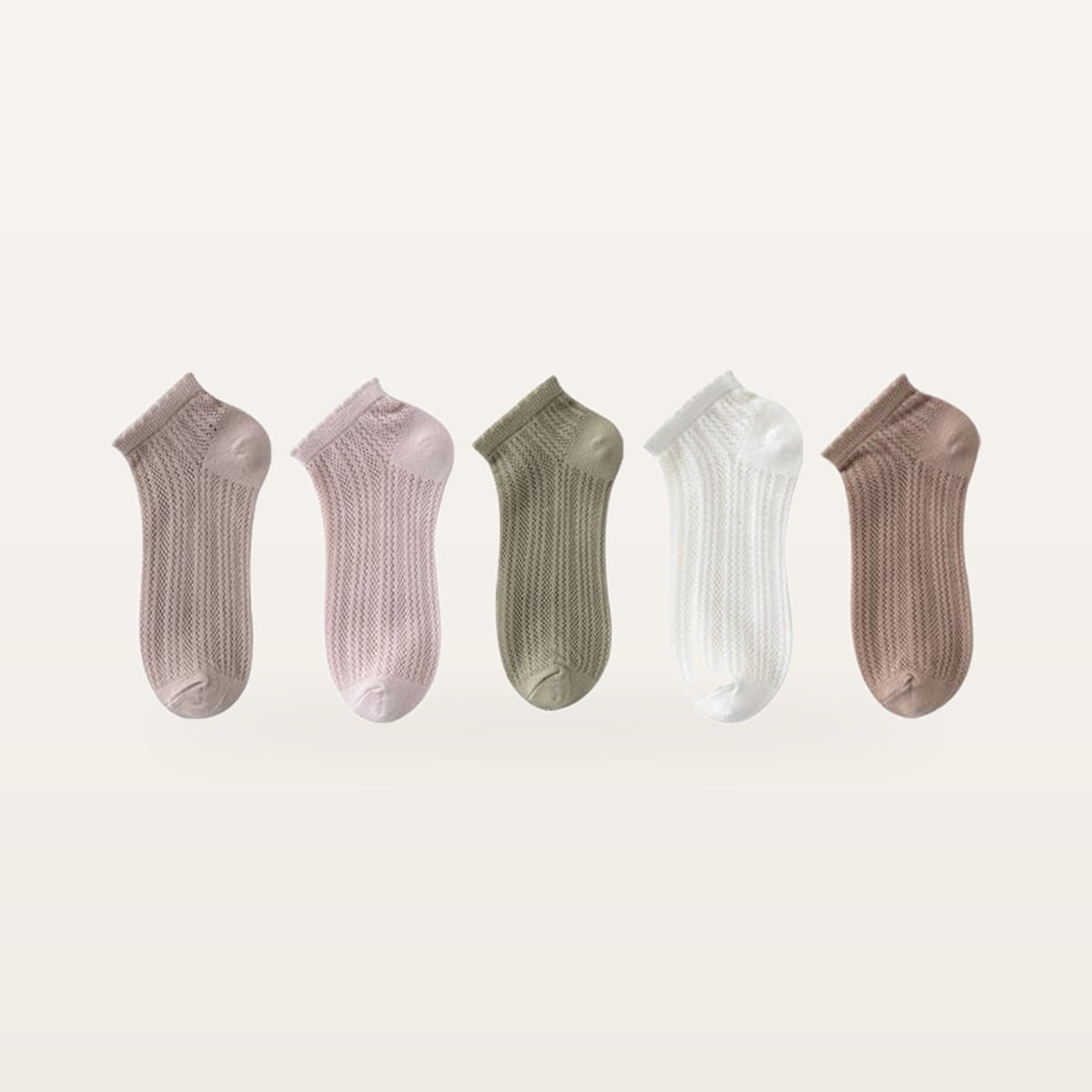 Assortiment de cinq paires de socquettes en maille ajourée : taupe, rose poudré, kaki, écru et brun