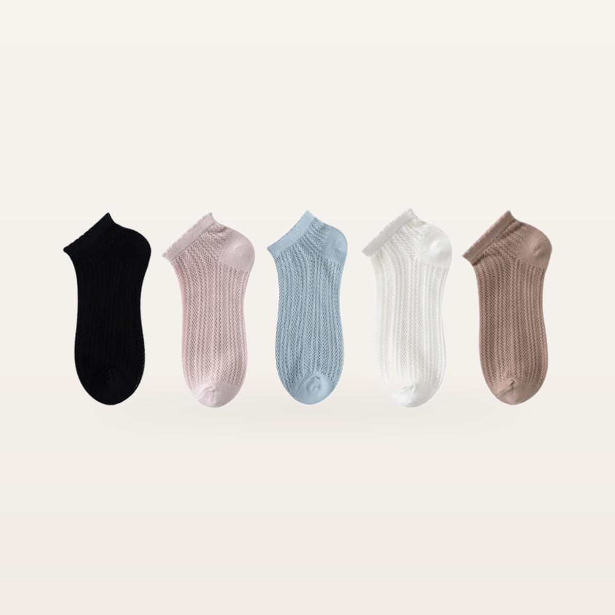 Assortiment de cinq paires de socquettes en maille ajourée : noir, rose poudré, bleu ciel, blanc et brun