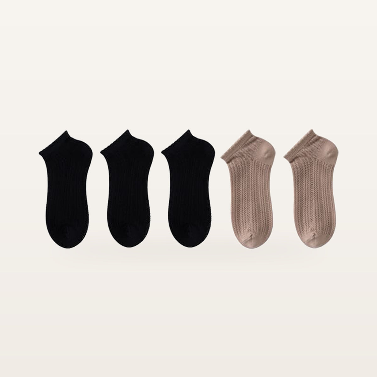 Assortiment de cinq paires de socquettes en maille ajourée : trois paires noires et deux taupe