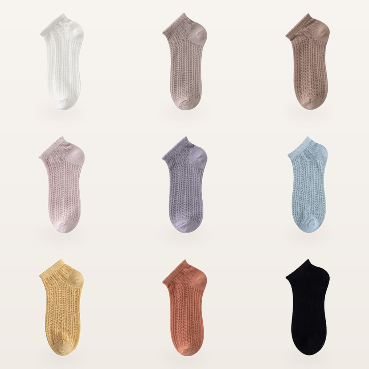 Les neuf coloris unis des socquettes en maille ajourée, une paire par teinte Image
