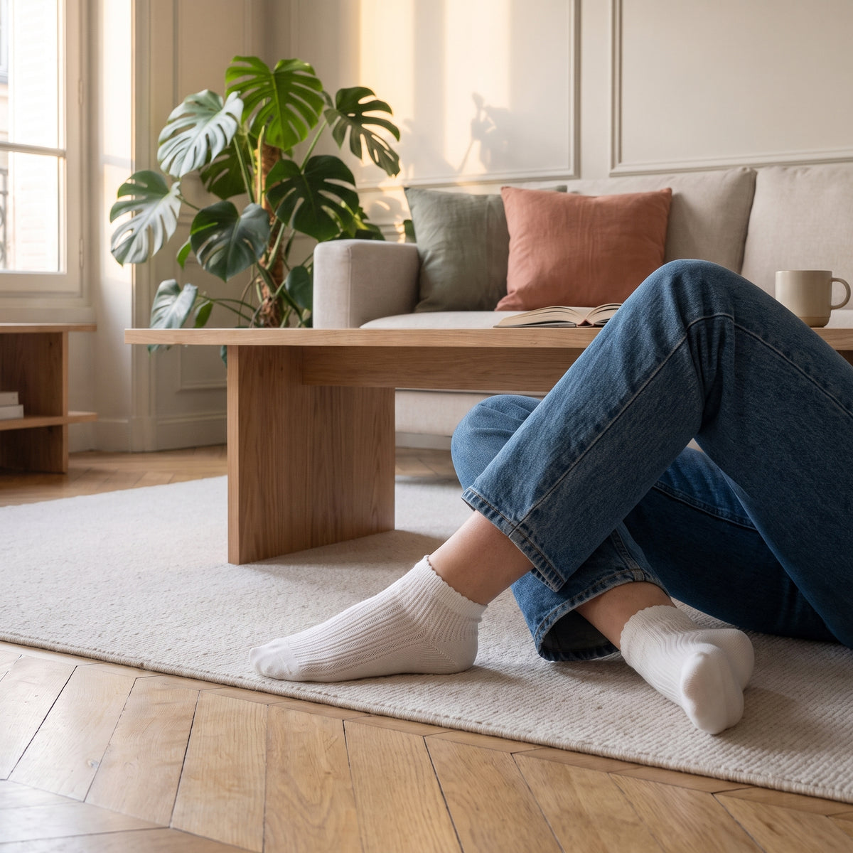 Socquettes blanches en maille ajourée aux pieds d'une femme assise sur le tapis d'un salon clair
