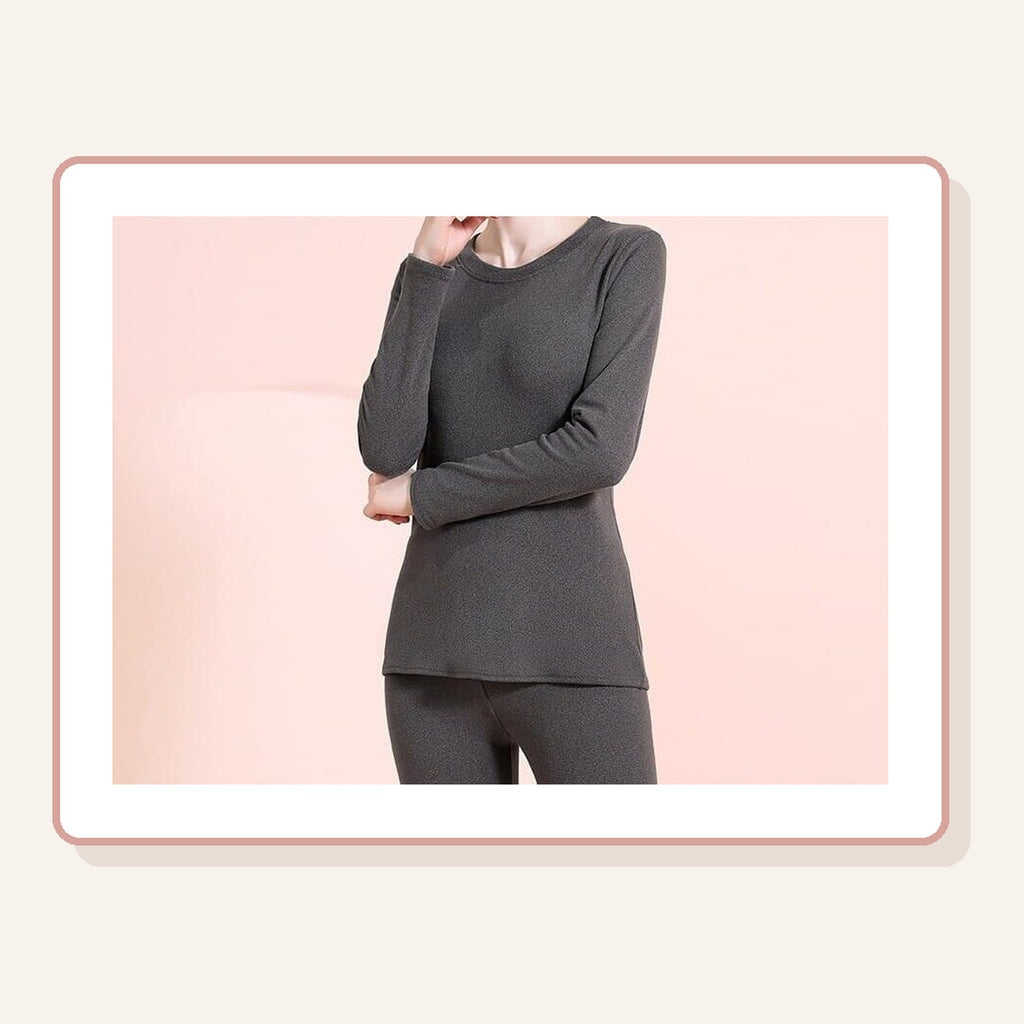 Sous-vêtement thermique femme col rond gris, haut manches longues et pantalon assorti