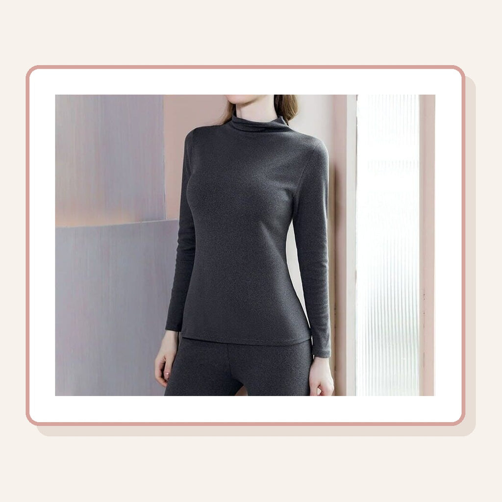 Sous-vêtement thermique femme col roulé gris, haut manches longues et pantalon assorti