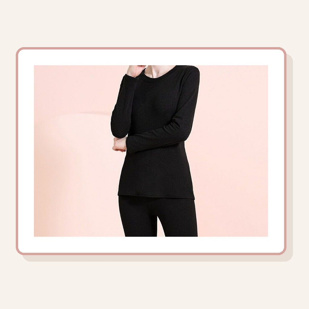 Sous-vêtement thermique femme col rond noir, haut manches longues et pantalon assorti