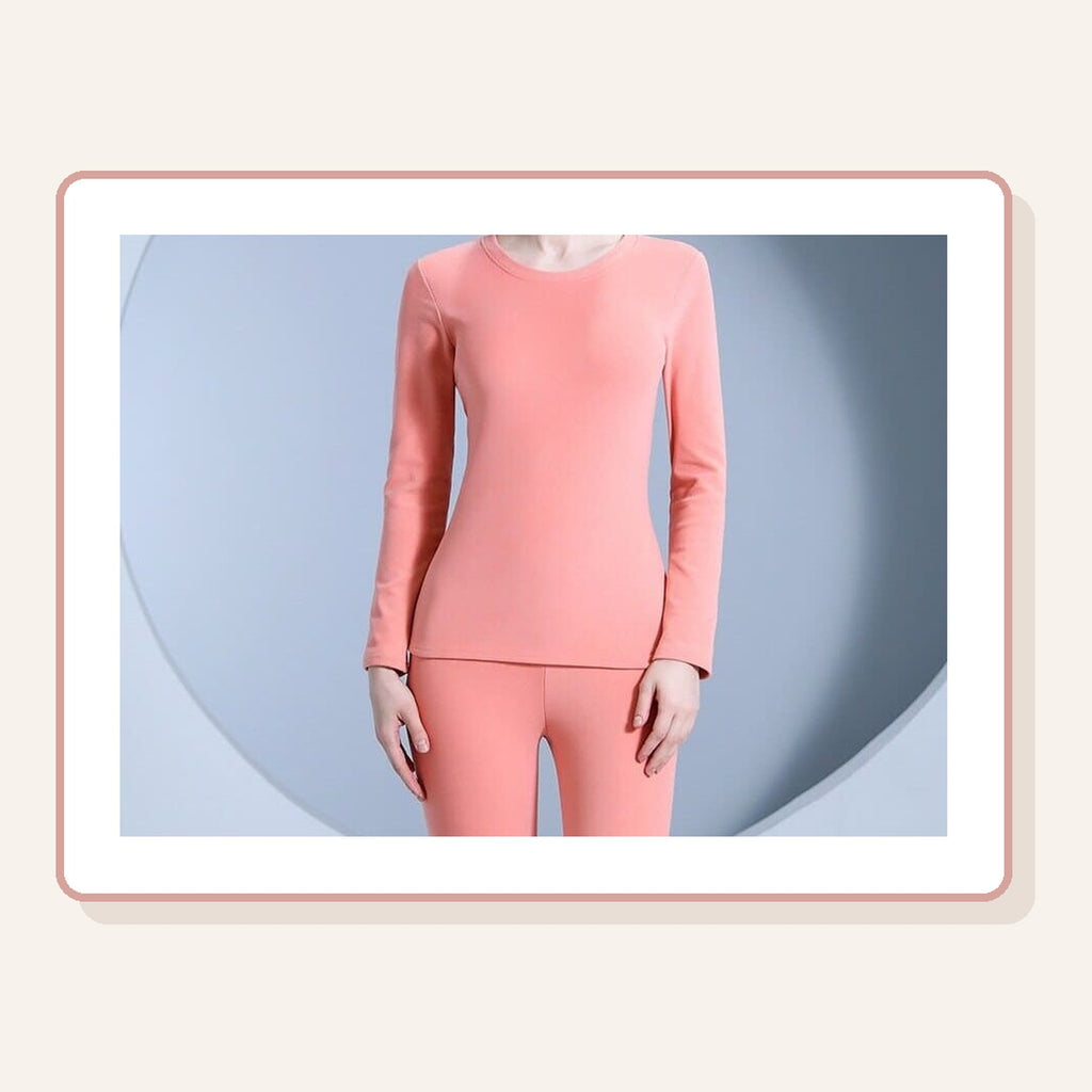 Sous-vêtement thermique femme col rond rose, haut manches longues et pantalon assorti