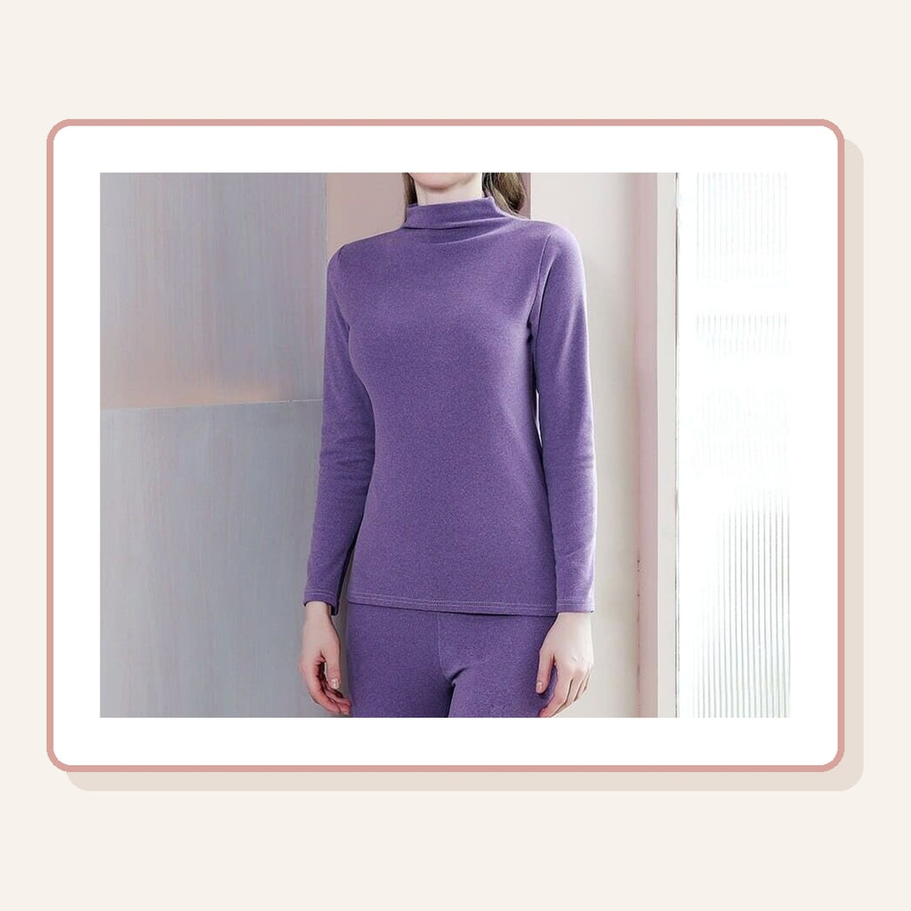 Sous-vêtement thermique femme col roulé violet, haut manches longues et pantalon assorti