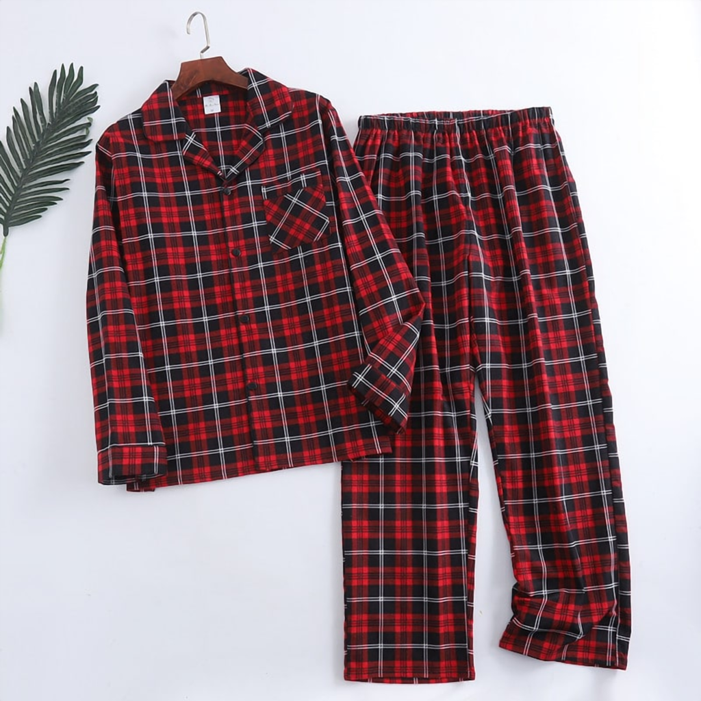 Pyjama homme en coton à carreaux rouge et marine, motif numéro 8