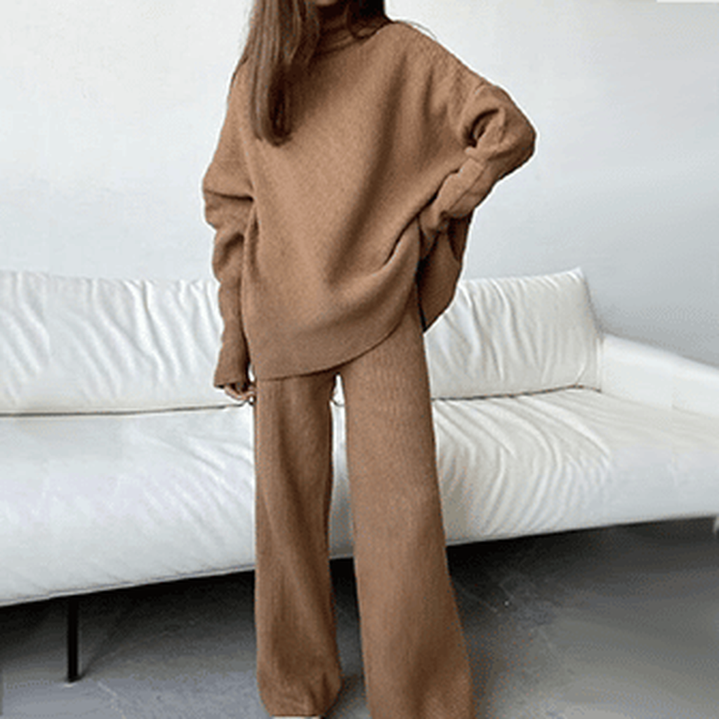 Ensemble en maille col roulé et pantalon large pour femme, coloris camel