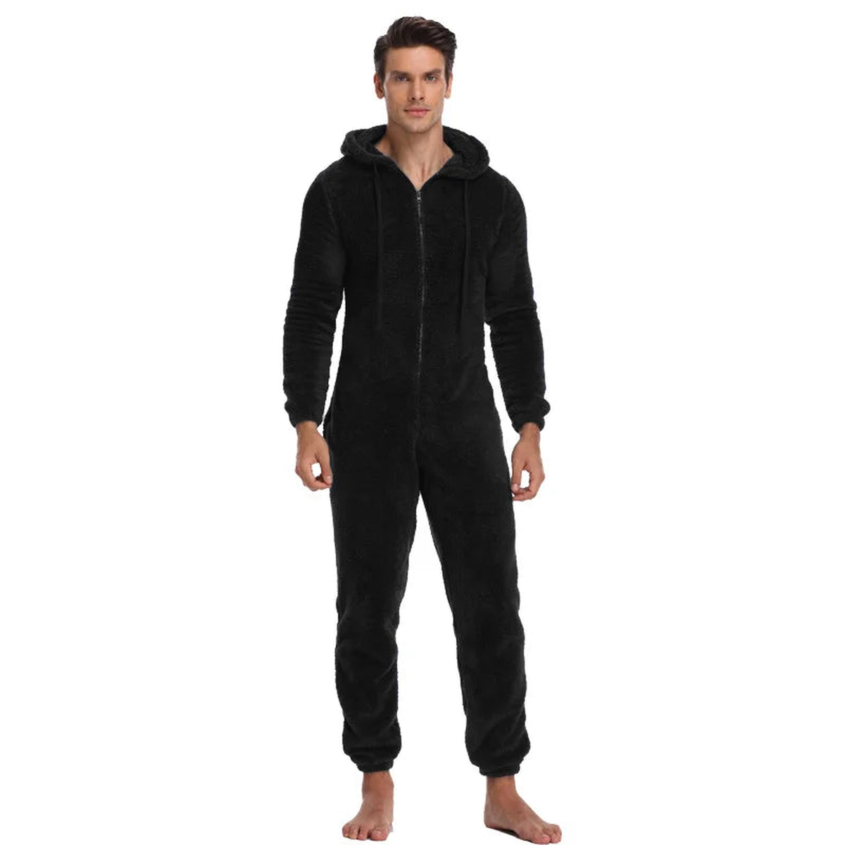 Combinaison de nuit à capuche en polaire pour homme, coloris noir, vue de face