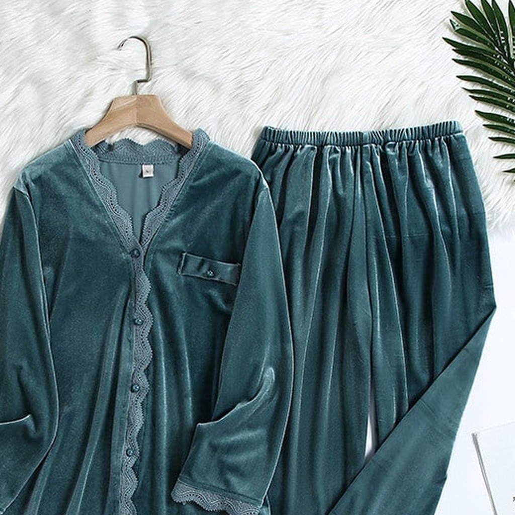 Pyjama en velours à dentelle pour femme, coloris vert canard