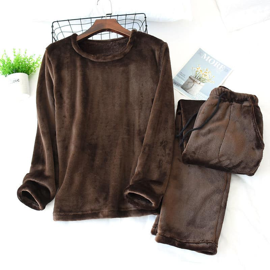 Pyjama d'hiver en flanelle polaire pour homme, col rond, coloris marron