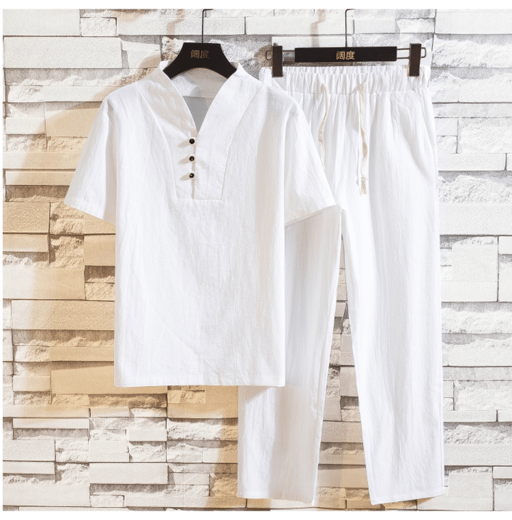 Ensemble d'été en coton et lin pour homme, col mao, coloris blanc