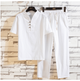 Ensemble d'été en coton et lin pour homme, col mao, coloris blanc
