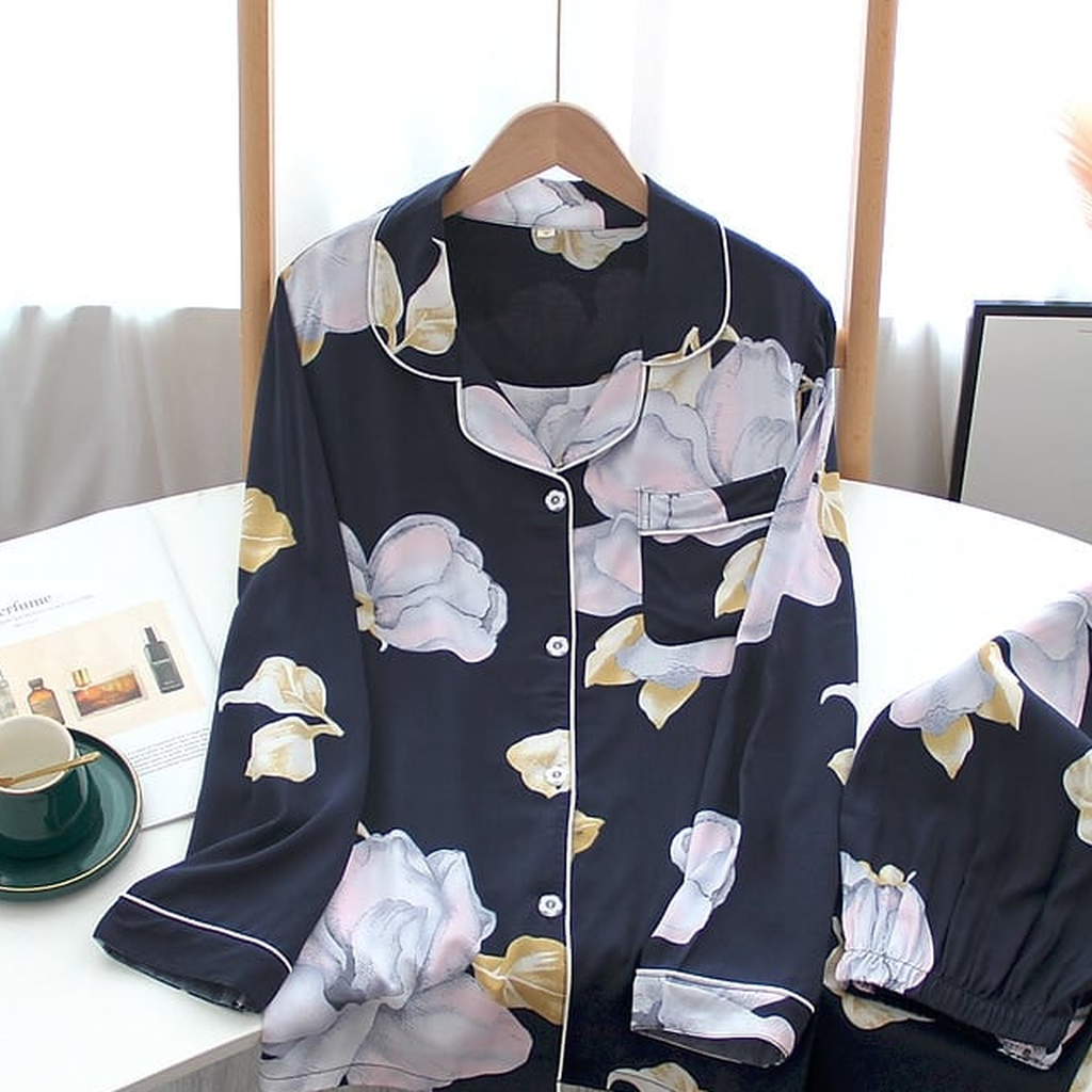Pyjama en viscose imprimée pour femme, motif marine à magnolias