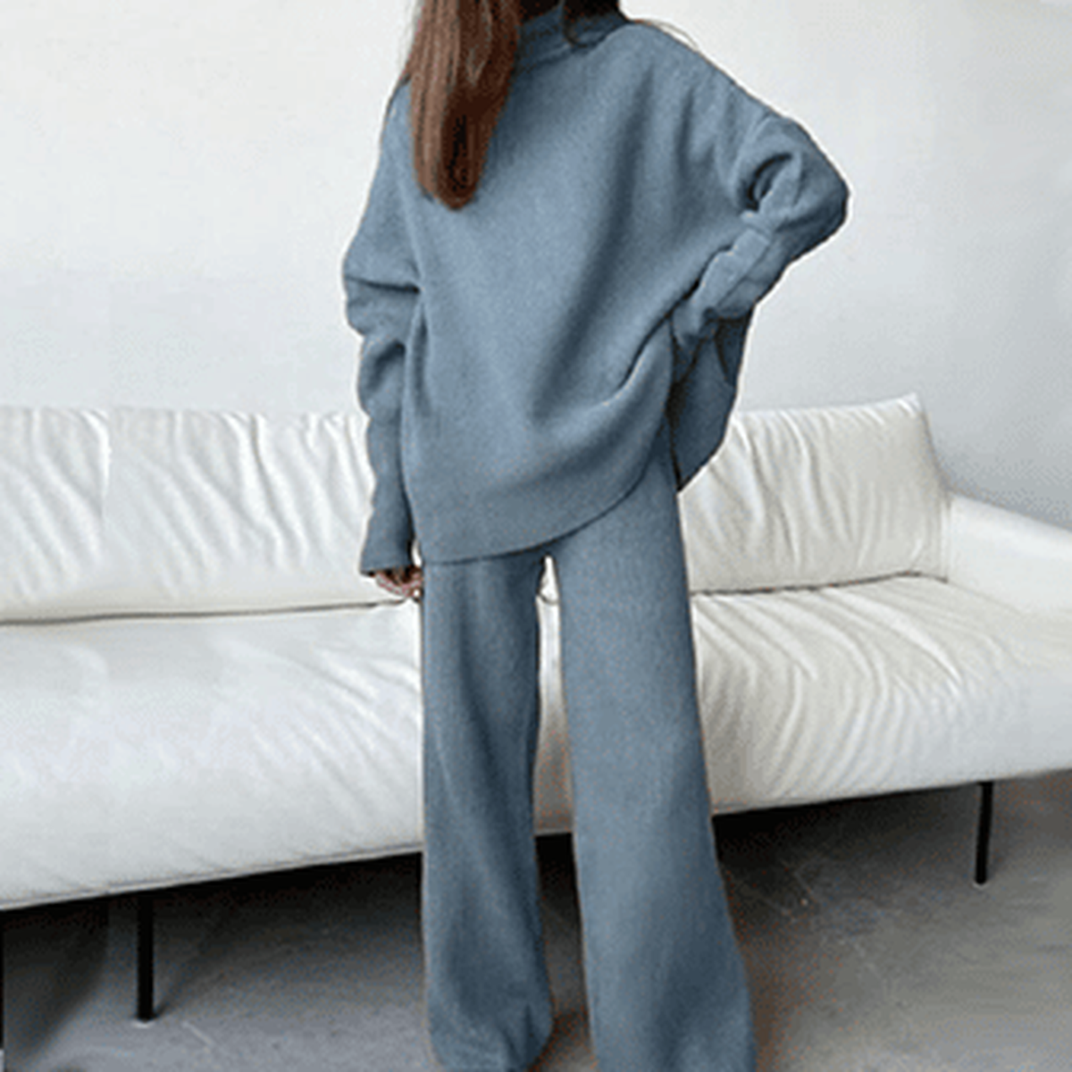 Ensemble en maille col roulé et pantalon large pour femme, coloris bleu gris