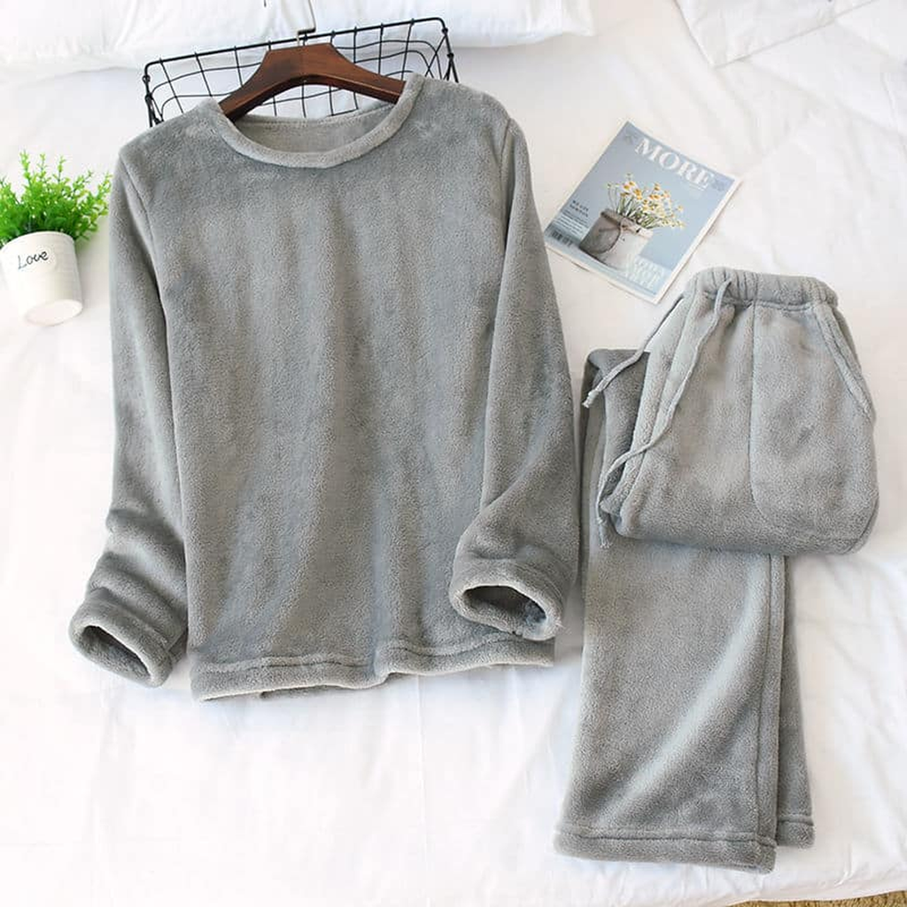 Pyjama d'hiver en flanelle polaire pour homme, col rond, coloris gris clair