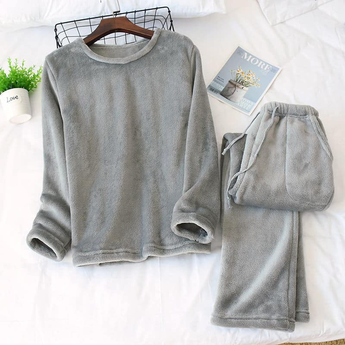 Pyjama d'hiver en flanelle polaire pour homme, col rond, coloris gris clair