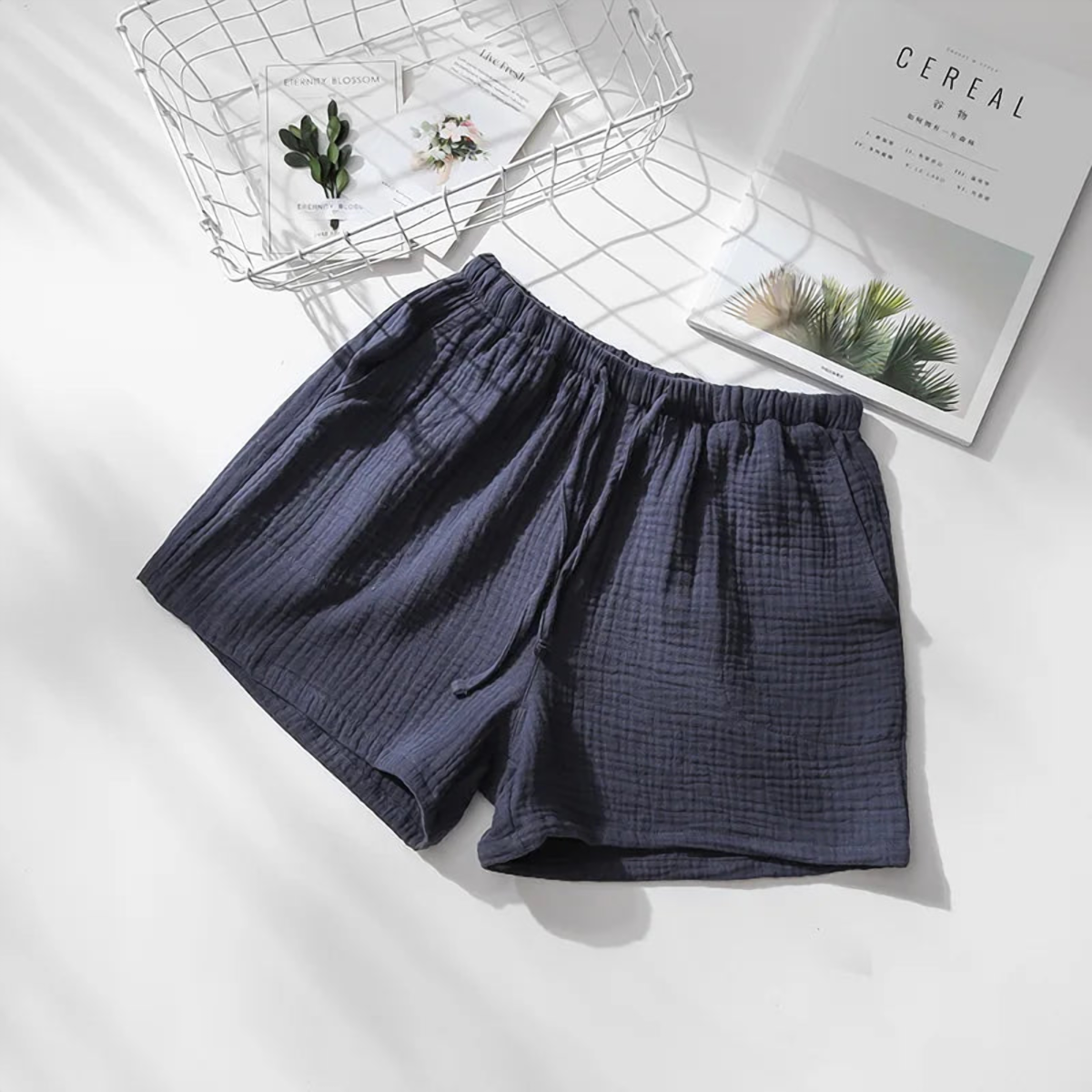 Short de pyjama en gaze de coton, femme gris ardoise