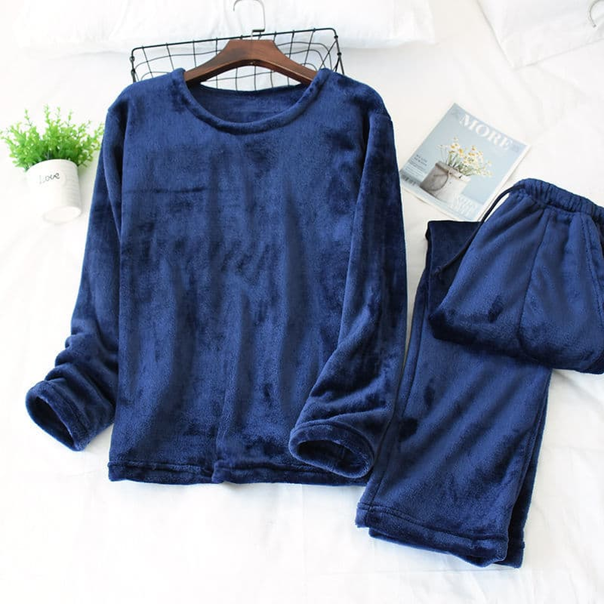 Pyjama d'hiver en flanelle polaire pour homme, col rond, coloris bleu marine