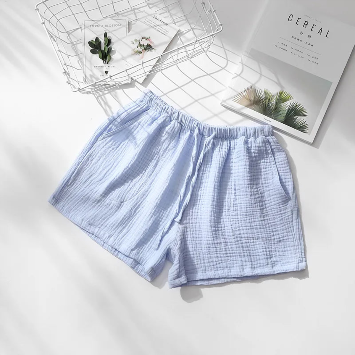 Short de pyjama en gaze de coton, femme bleu clair
