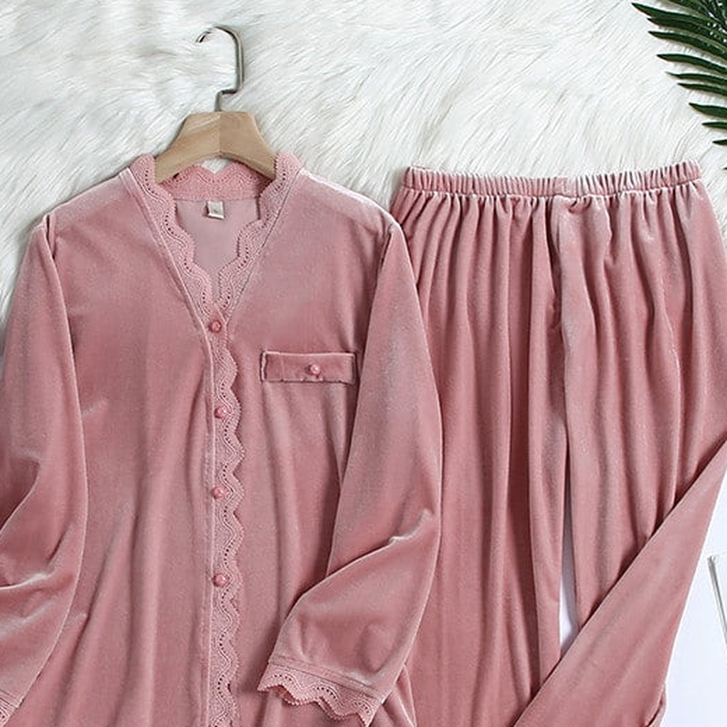 Pyjama en velours à dentelle pour femme, coloris vieux rose