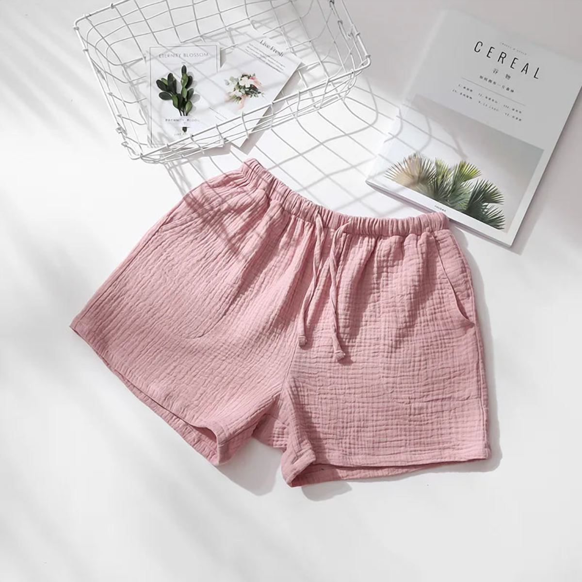 Short de pyjama en gaze de coton, femme rose foncé