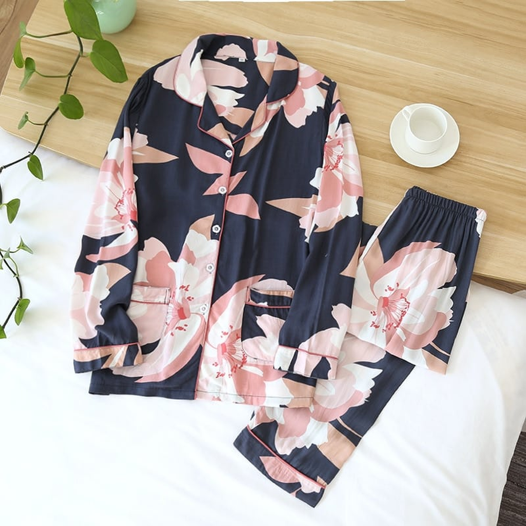 Pyjama en viscose imprimée pour femme, motif marine à fleurs roses